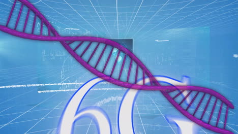 animation of dna strand and data processing over mathematical equations and 6g text