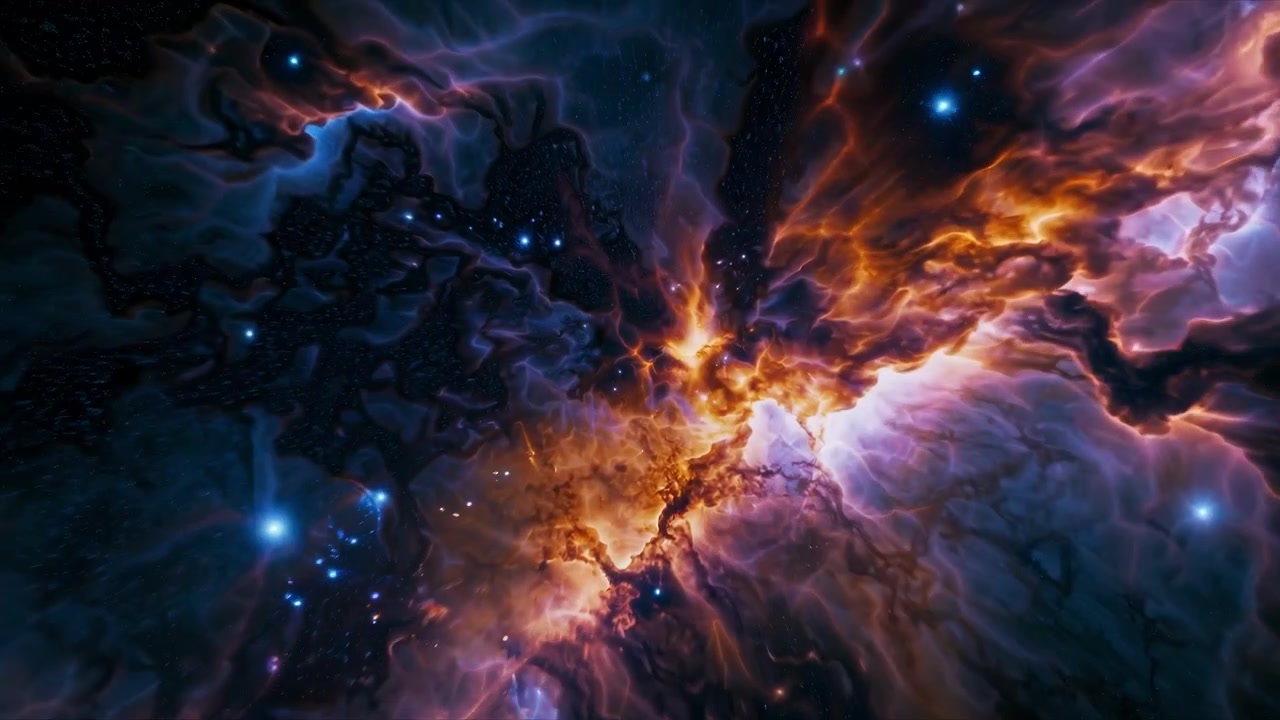Volando a Través de una Vibrante y Colorida Nebulosa Cósmica con Estrellas
