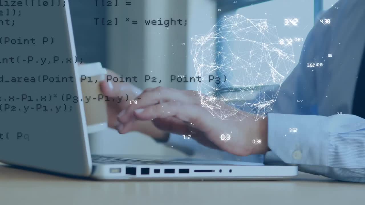 animación de la red de conexiones con el globo sobre el hombre caucásico usando computadora portátil