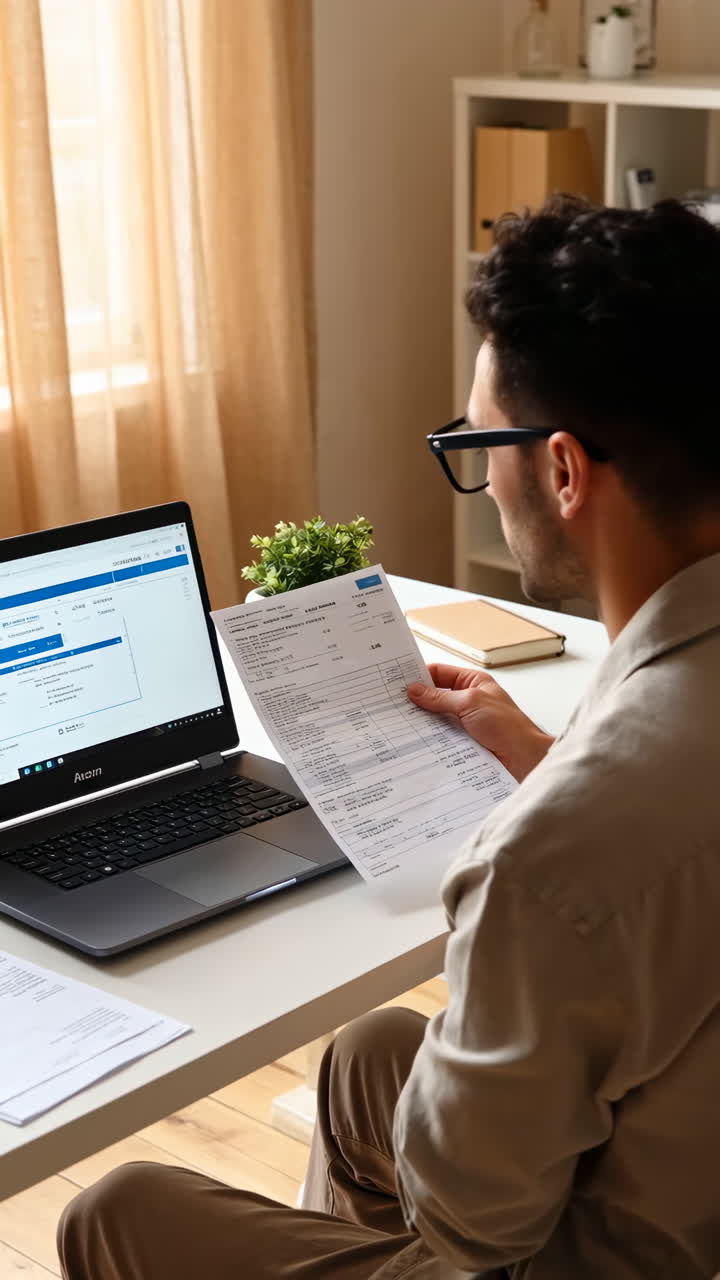 Man reviewing documents while working on a laptop at a home desk