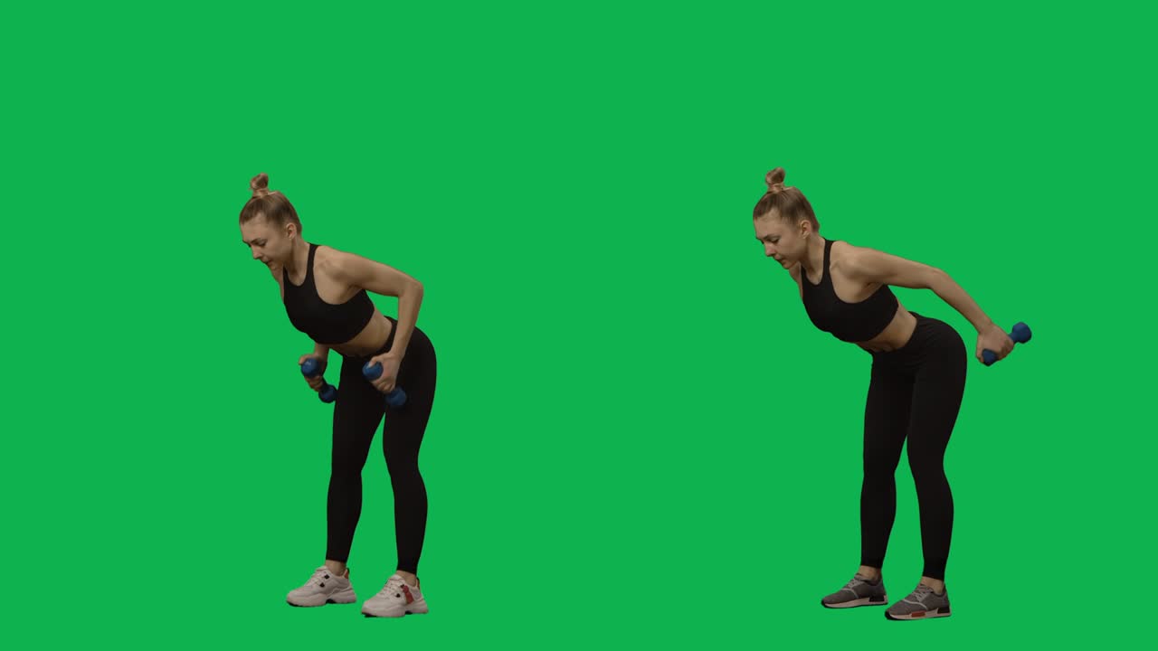 mujer joven en ropa deportiva hace ejercicios con pesas. entrenamiento de manos, fitness para mujeres. 2 en 1 collage vista lateral completa en fondo de pantalla verde. cámara lenta lista 59.94fps