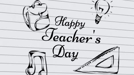 animación del texto del feliz día del maestro sobre los iconos de los artículos escolares sobre fondo blanco
