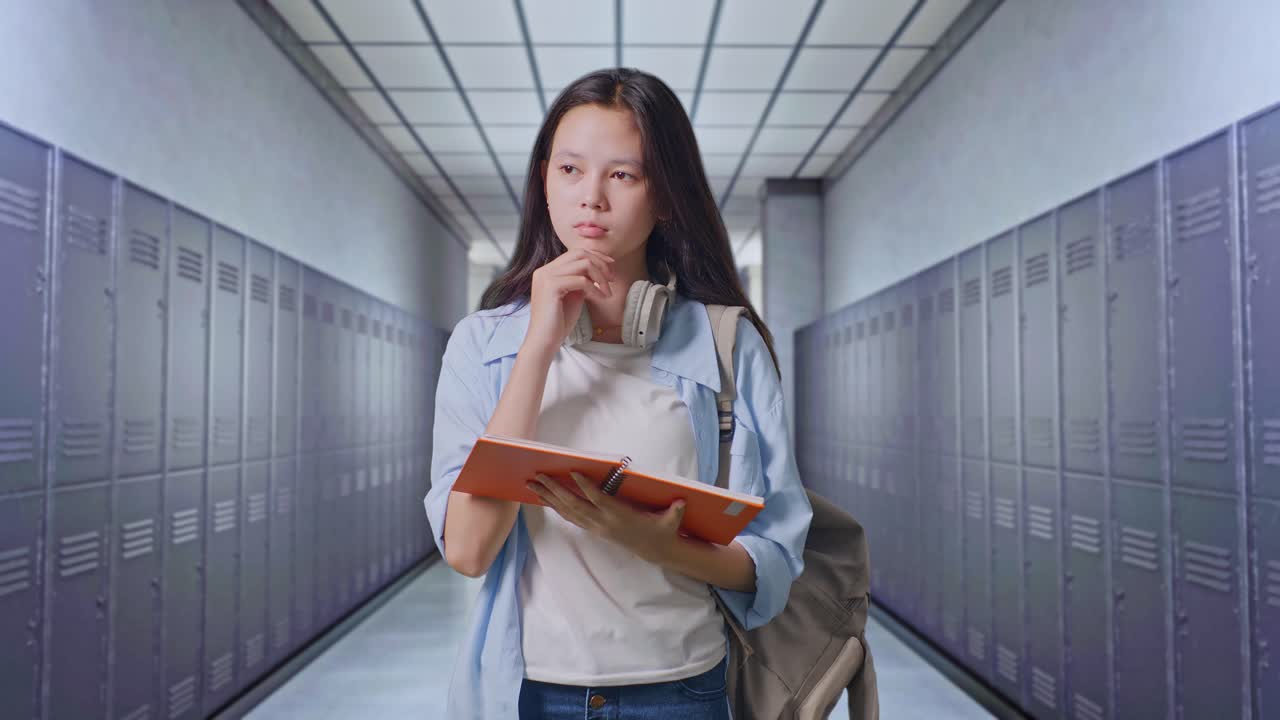 una adolescente en el pasillo de la escuela