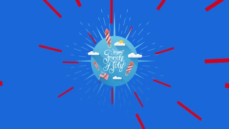 animation of 4th of july text on american flag colours on blue background