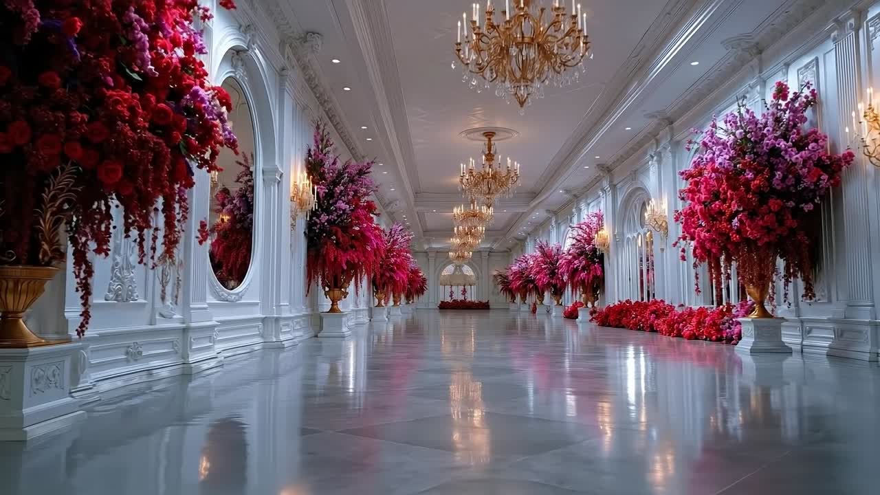 A long hallway filled with lots of flowers and chandeliers