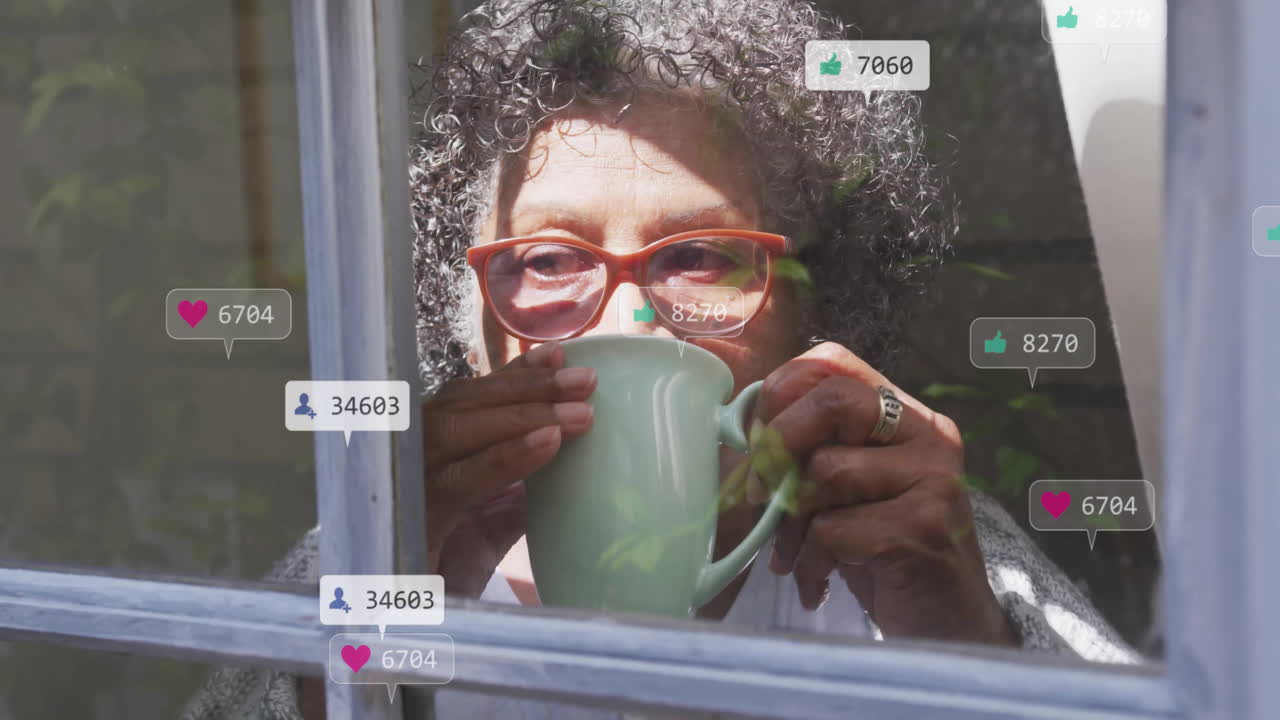 Drinking from mug, person with social media likes and followers animation