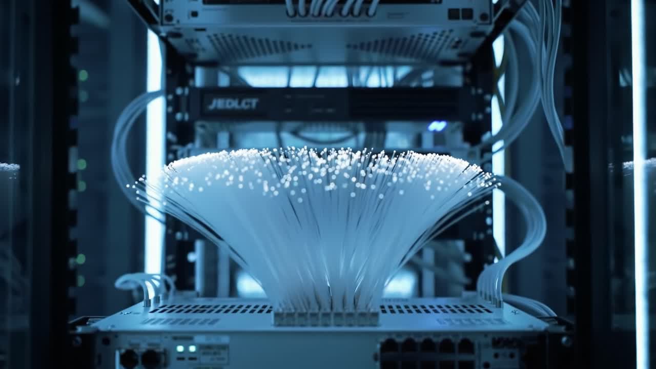 A detailed look at cutting-edge fiber optic cables illuminated in a state-of-the-art data center, showcasing the intricate setup that powers modern connectivity.