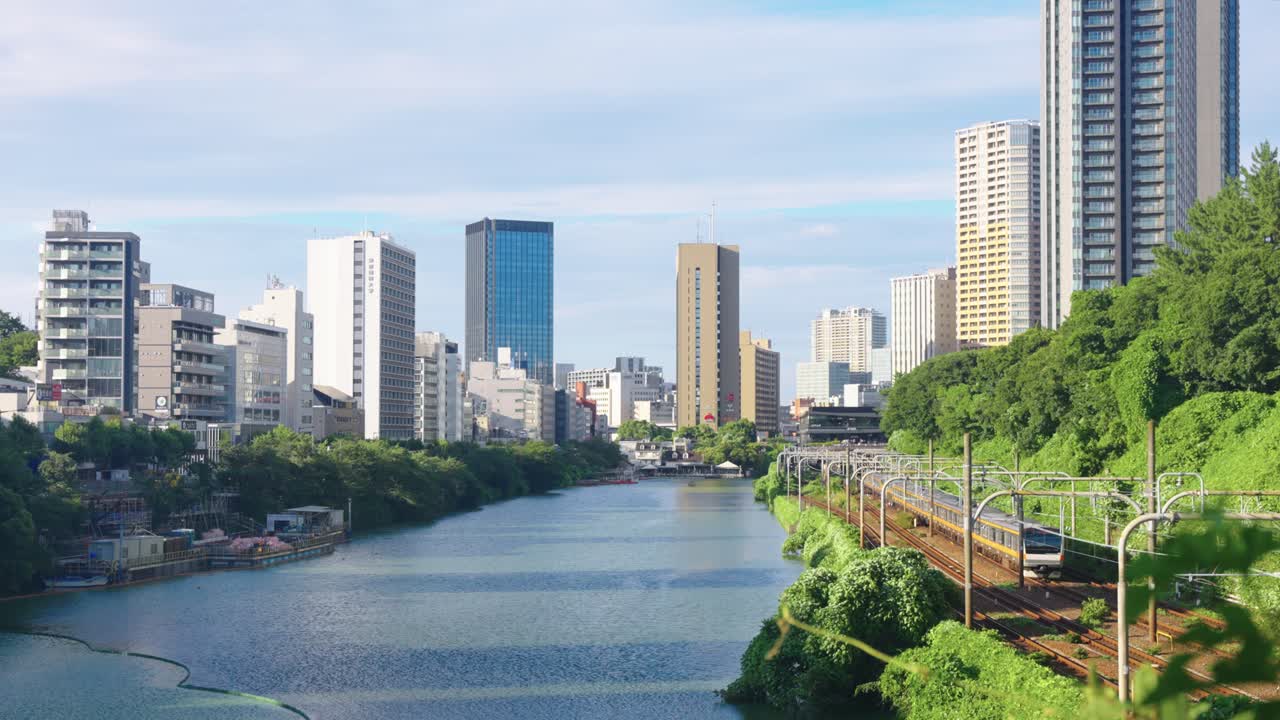 Cityscape with Buildings, River, and Train
