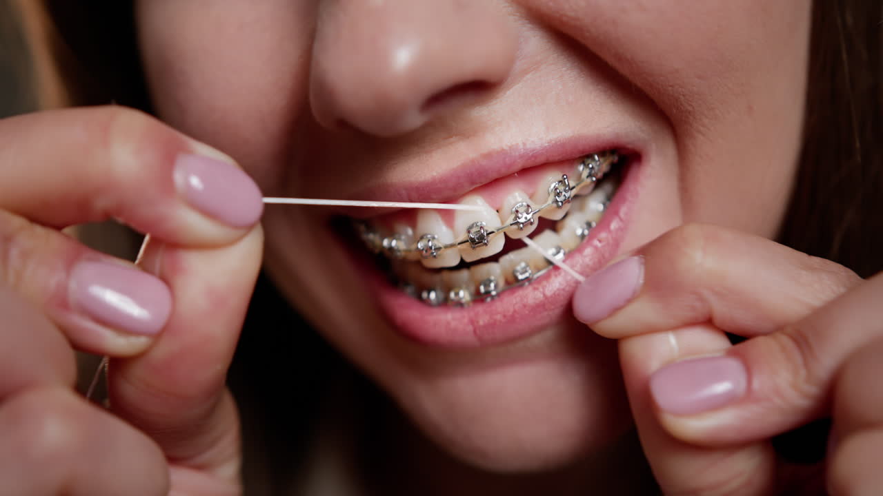 Woman Flossing with Braces