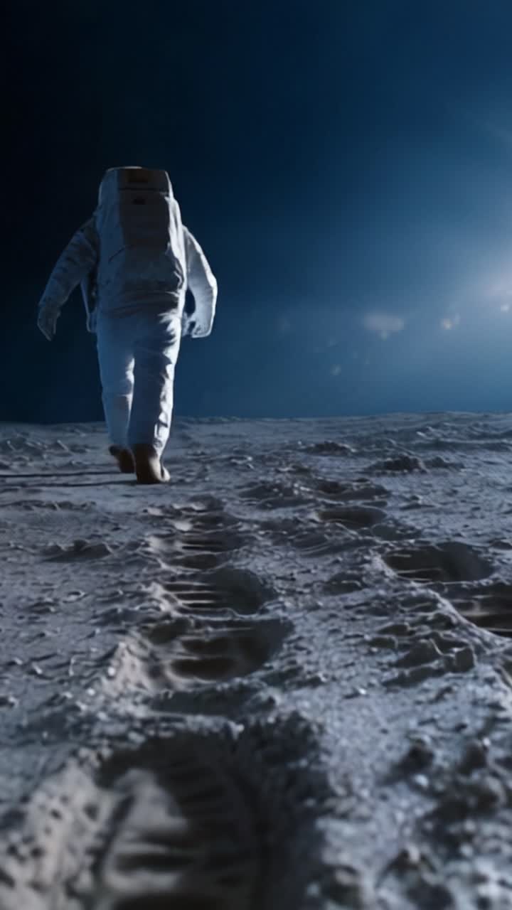 An astronaut explores the lunar surface, leaving distinct footprints on the moon's white dust, illuminated by a distant light in the night sky