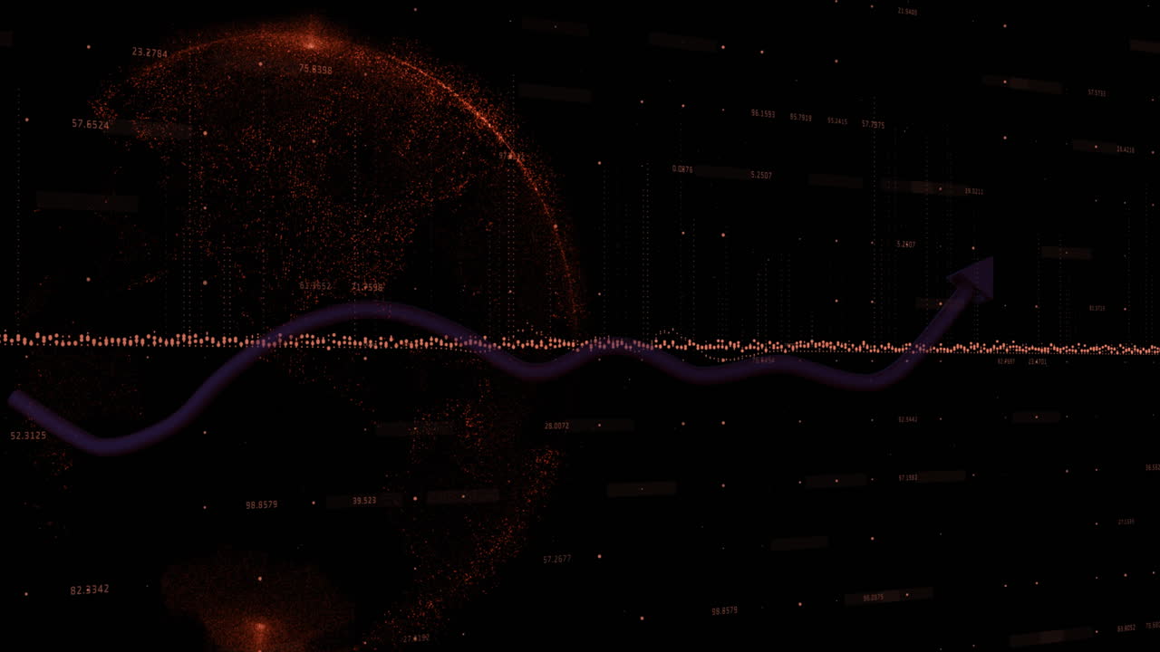 Animation of soundwave and graph with arrow over globe against black background