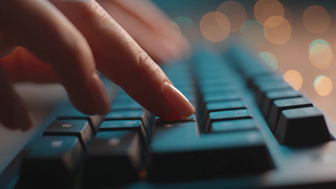 Close-Up of a Hand Typing on a Keyboard with Blurred Colorful Background Lights, Showcasing the Interaction with Technology and Digital Environment
