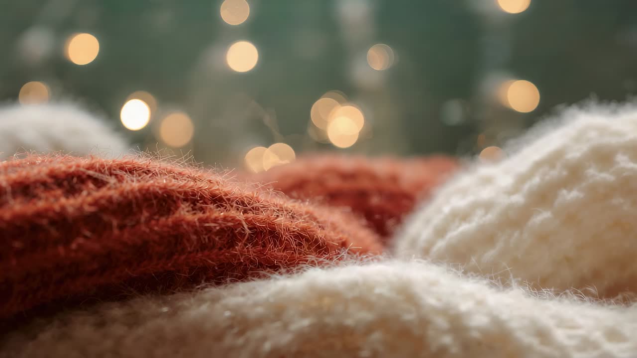 Shifting camera lens revealing layered knits in room corner, showing rust knit and warm lights