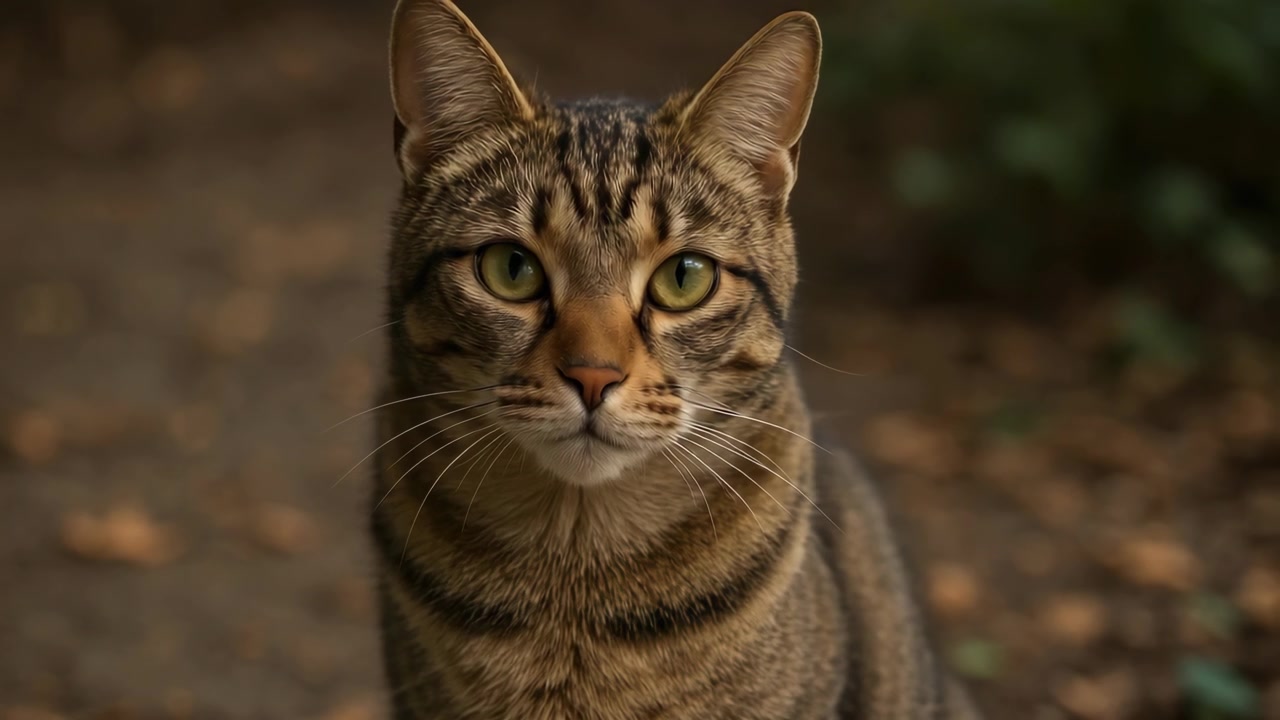 Stripete katt ser på kamera og går utendørs