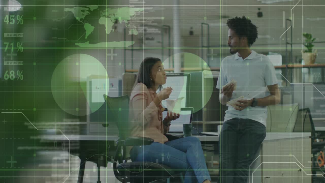 Animation of financial data processing over diverse business people working at office