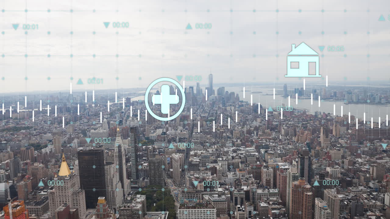 에너지 아이콘의 애니메이션과 도시 풍경에 대한 데이터 처리