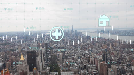 Animation-of-energy-icons-and-processing-data-over-cityscape