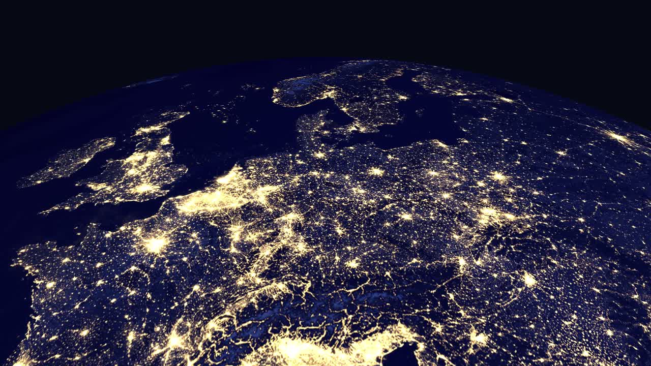 Animazione digitale che zooma dallo spazio sulle luci scintillanti della città di Amsterdam e dei paesi europei circostanti