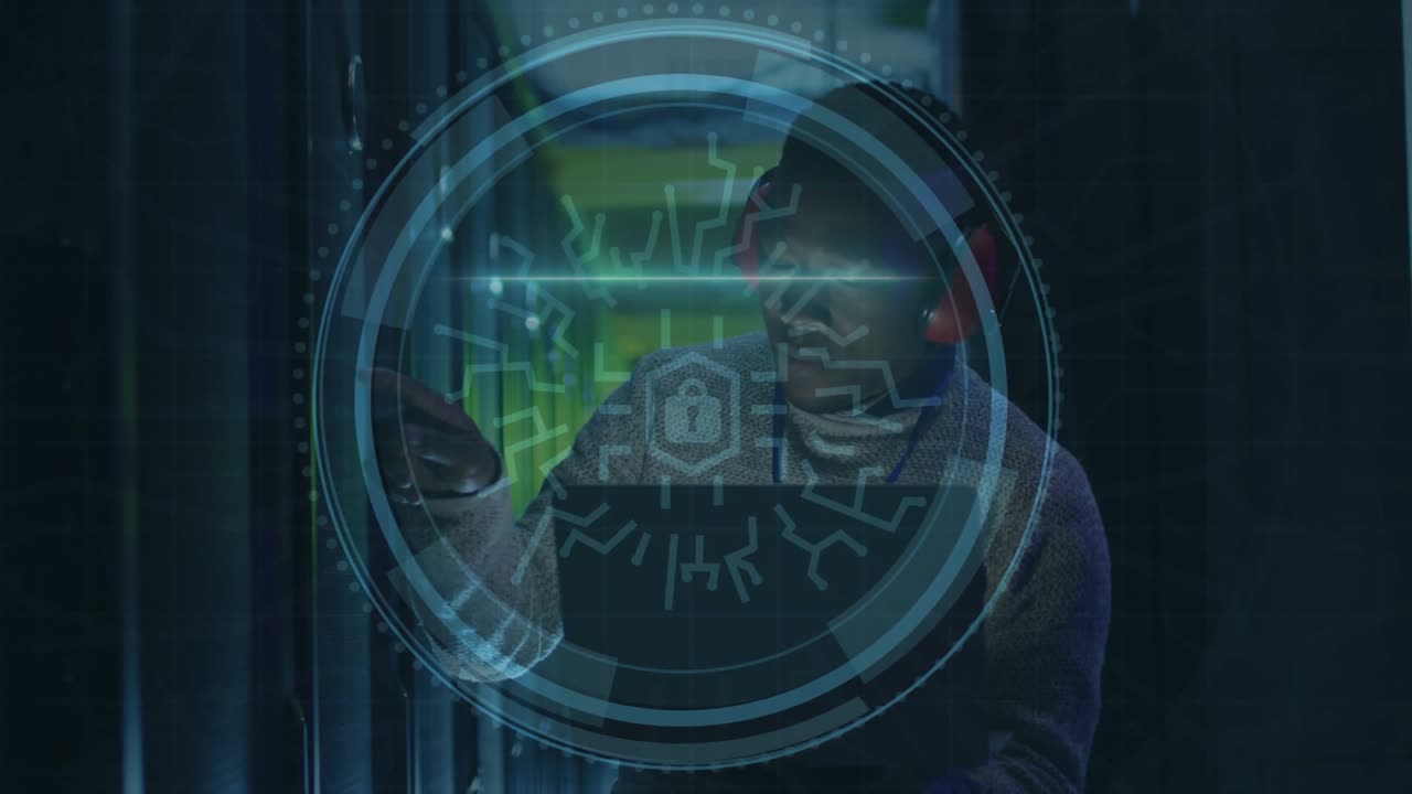 Cybersecurity engineer raising finger manipulating lock interface on server rack ensuring security