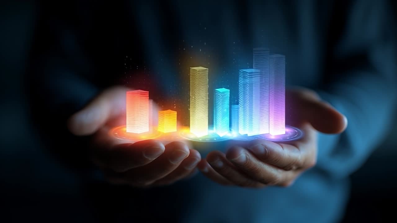 Hands hold a glowing digital data visualization at night