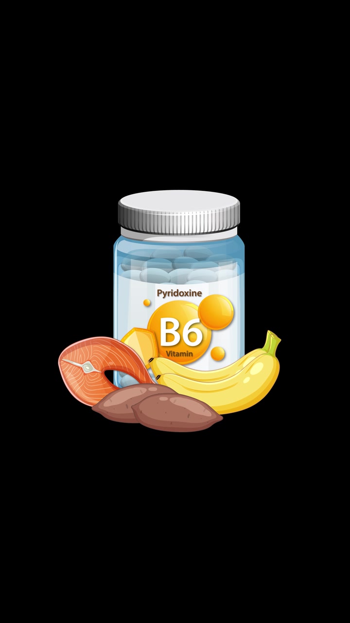Botol suplemen Vitamin B6 terlihat bersama salmon, pisang, dan kentang dengan latar belakang hitam.