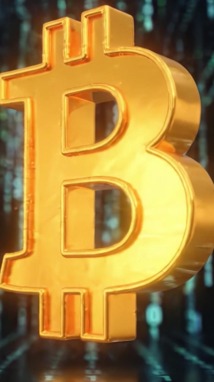 Um Símbolo do Bitcoin Brilhante Cercado por Código Digital em Evolução: Uma Representação Artística da Criptomoeda em um Espaço Virtual Dinâmico.