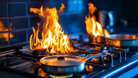 a stove top with a frying pan on fire in the middle of it