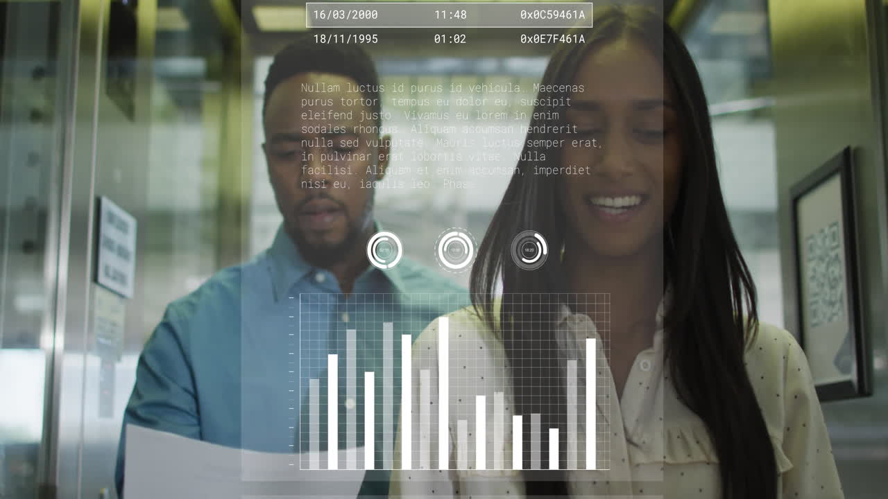 Animation of graphs, loading bars over diverse coworkers discussing while walking in office corridor