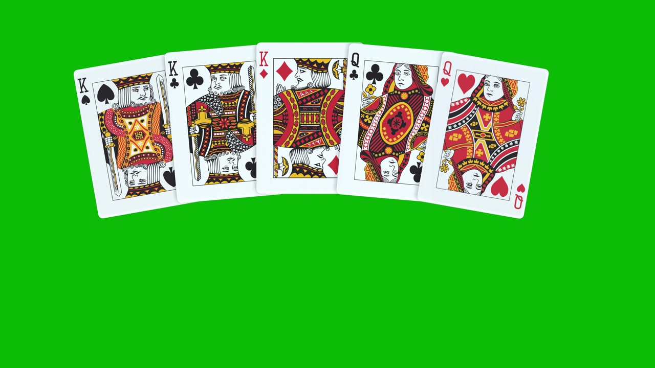 Una mano di poker composta da Full House K, con carte lanciate una ad una su animazione 3D con schermo verde, carte da poker animate, animazione di distribuzione carte da poker