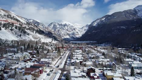 drone shot of downtown telluride on a sunny day in the winter