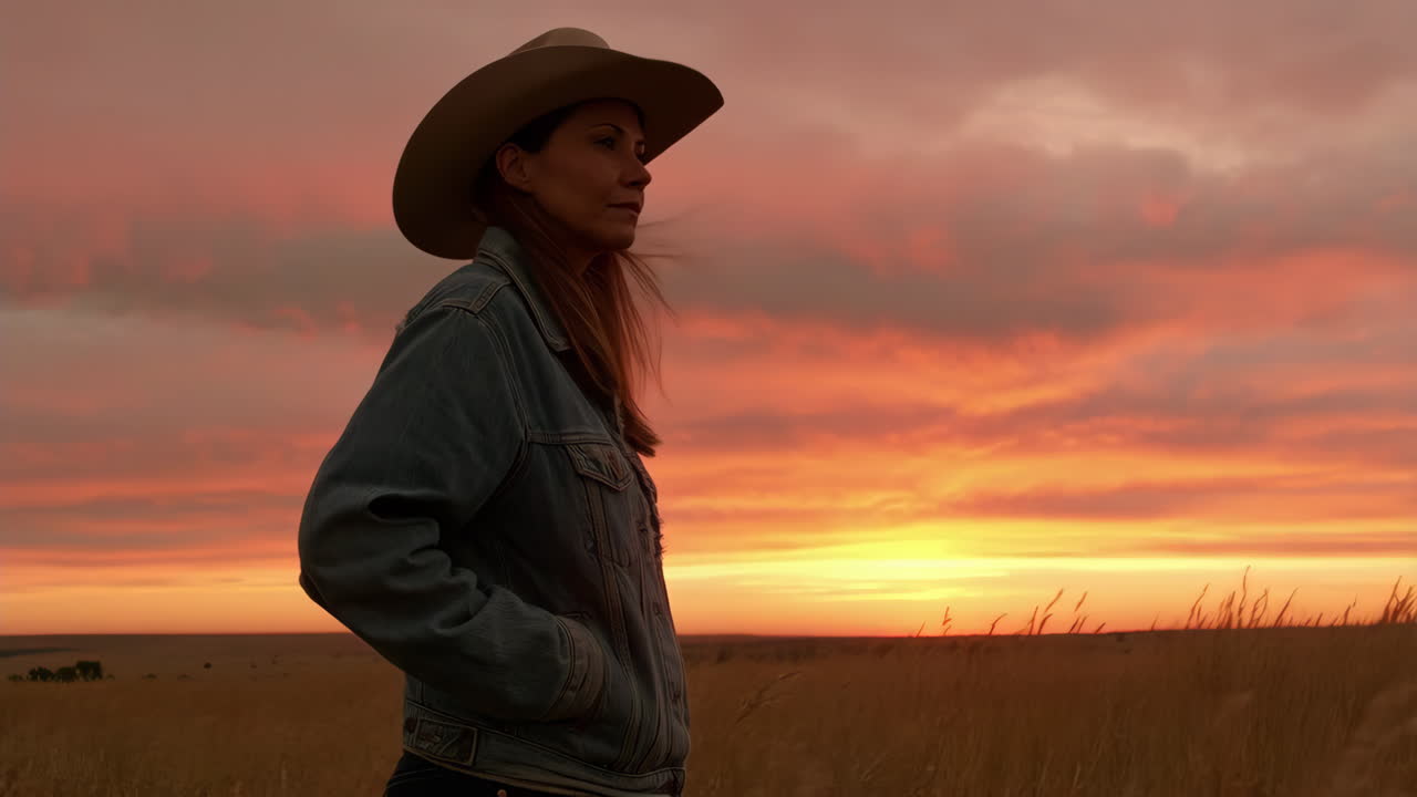 mujer con sombrero de vaquero al atardecer