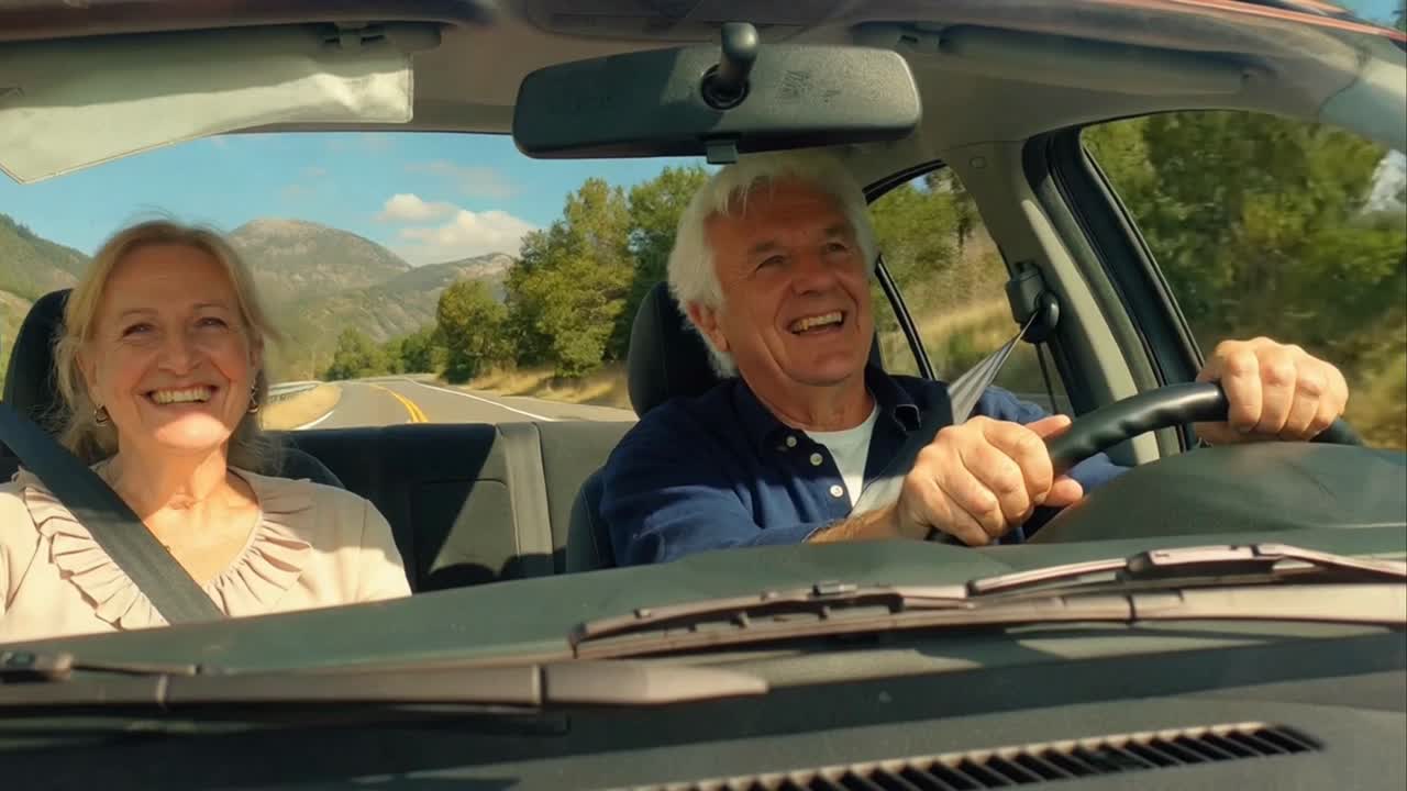 Cheerful Senior Couple on an Exciting Car Journey Through Nature