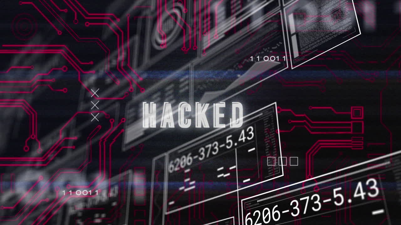 Animation of hacked text, hud interfaces, binary codes, circuit board texture over black background