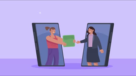 niñas jóvenes enviando cubo en teléfonos inteligentes animación