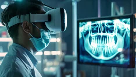 medical professional using vr headset to analyze dental x-ray