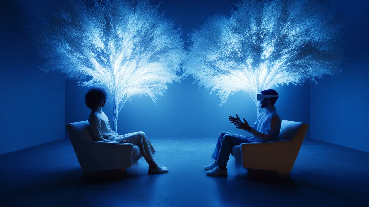 Engaging Conversation in a Virtual Cosmos: Two Individuals Connect Amidst Ethereal Trees and Immersive Technology, Exploring the Boundaries of Reality and Imagination Through VR Experience