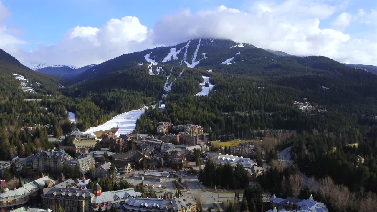 Whistler resort village and Blackcomb Mountain in Canada, aerial hyperlapse