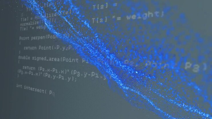On load blue particle ribbon sweeping diagonally over code lines revealing HTTP request flow