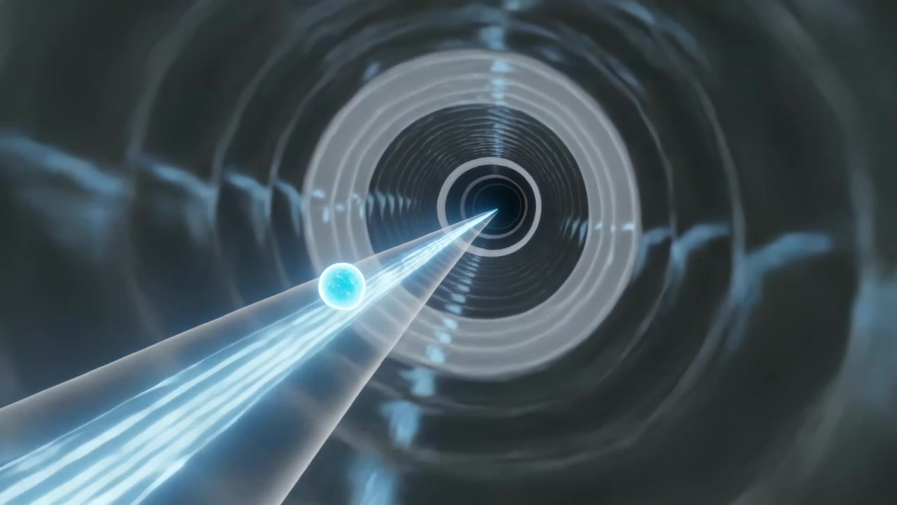 Activating beam propelling blue orb through ringed tunnel toward inner target with concentric rings