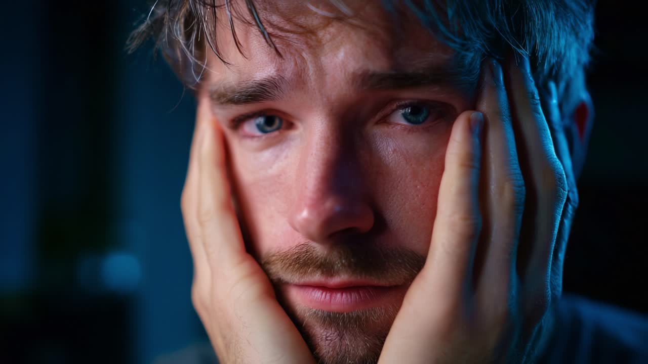 Ritratto emozionale di un giovane uomo immerso nei suoi pensieri, catturato in una luce soffusa, che trasmette sensazioni di preoccupazione e introspezione in un ambiente intimo