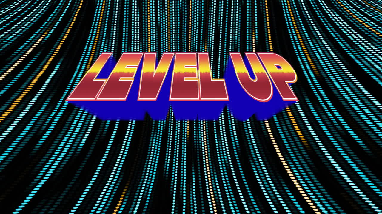 라이트 트레일 패턴 배경 위의 레벨 업 텍스트의 애니메이션