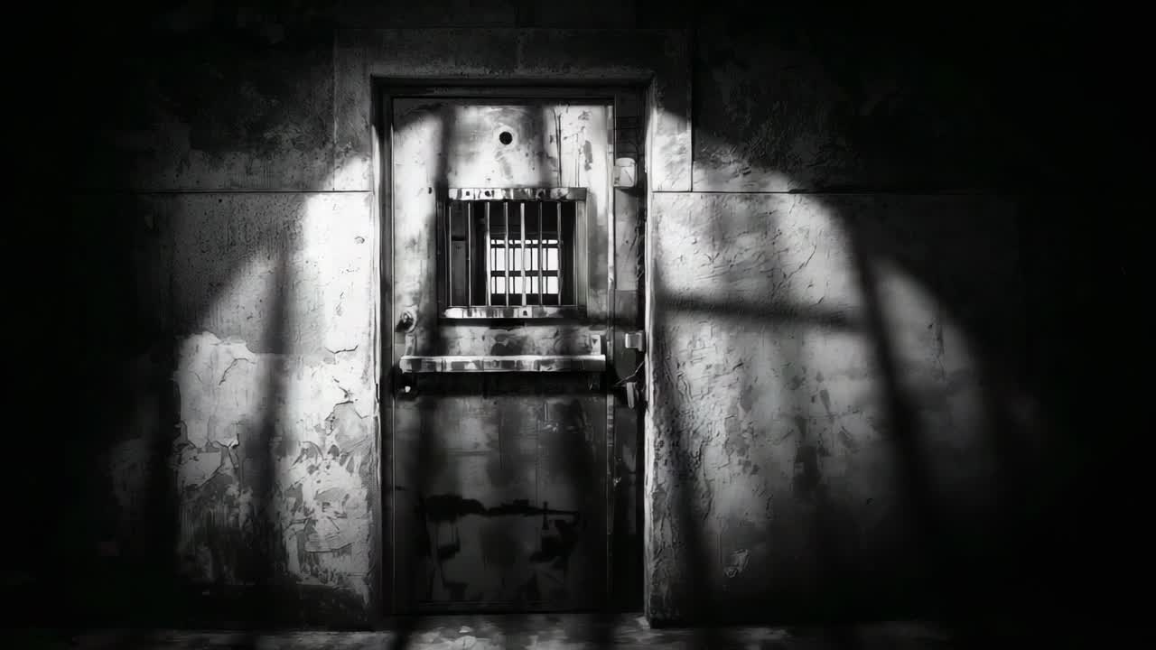 Catching beam from right, cell door showing bar shadows across narrow corridor, showing hatch