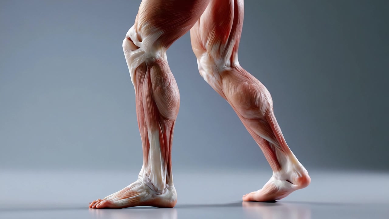 Podrobný pohled na anatomii lidského svalstva: Detailní záběr na strukturu svalů dolní končetiny v pohybu, ukazující elegantní svalovou definici a dynamiku.