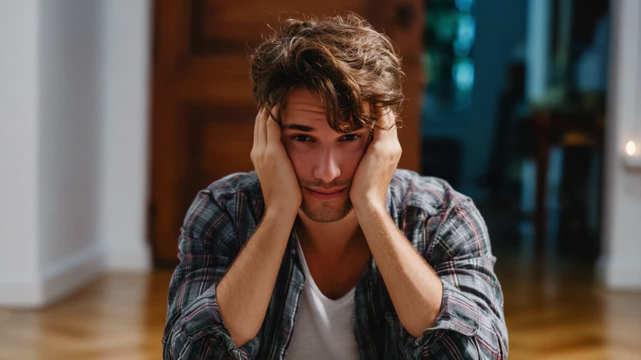 A Young Man Seated on the Floor Expressing Distress and Concern with His Hands on His Head, Captured in Two Frames Showing the Depth of His Emotion and Introspection in a Softly Lit Room