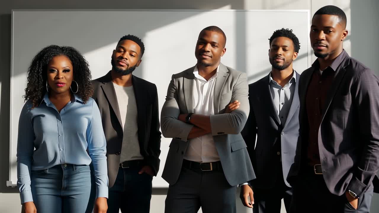 Entering five-person team in blazers and blouse posing for portrait at meeting room, whiteboard