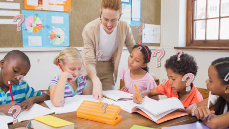 animation of question marks over female elementary school teacher and diverse pupils in class