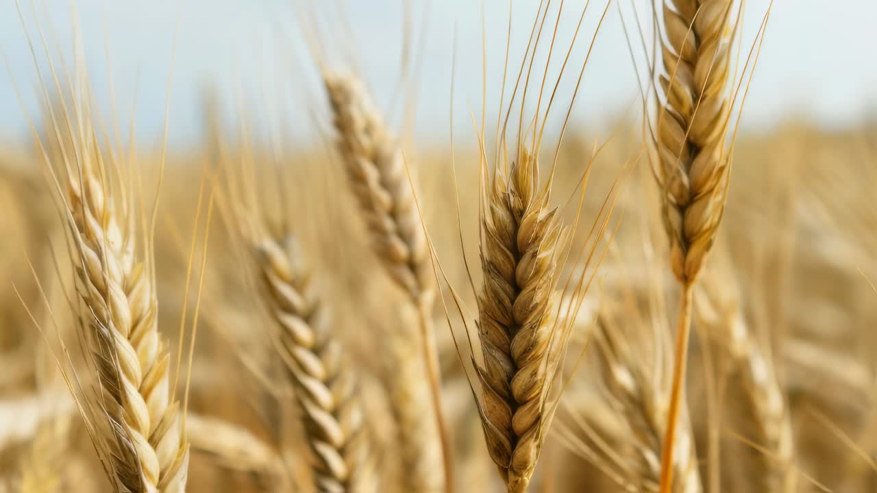 Ripe wheat ears are swaying in wind in vast agricultural field, creating beautiful scenery of nature's bounty ready for harvest under clear blue sky