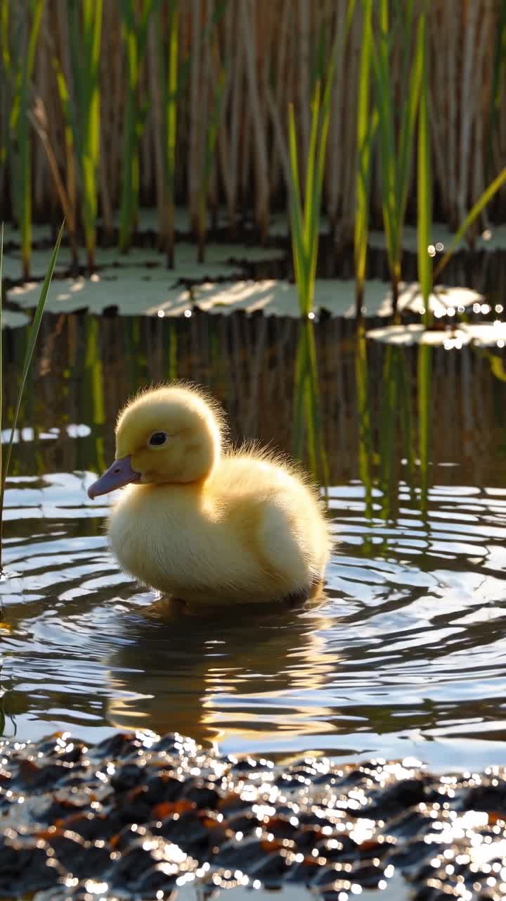 Lindo patito amarillo bebiendo agua en un estanque con juncos