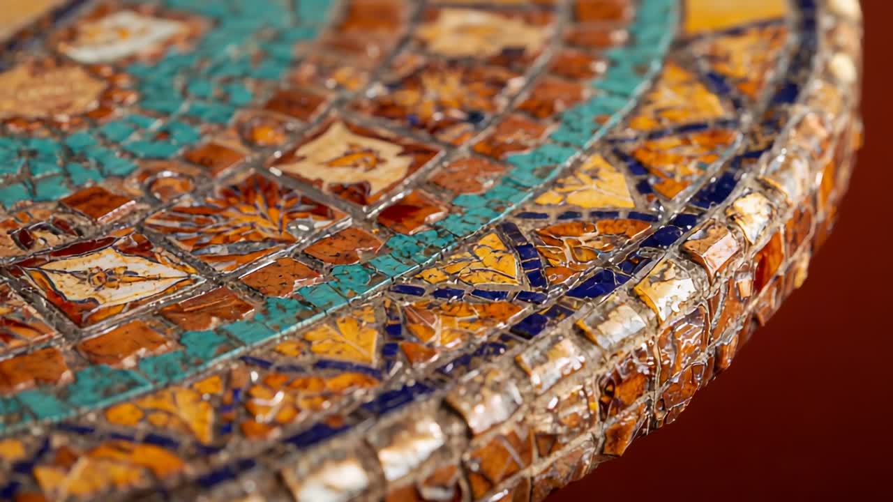 La cámara cambia el enfoque, revelando el borde redondo de un mosaico en un estudio, mostrando azulejos brillantes y la lechada.