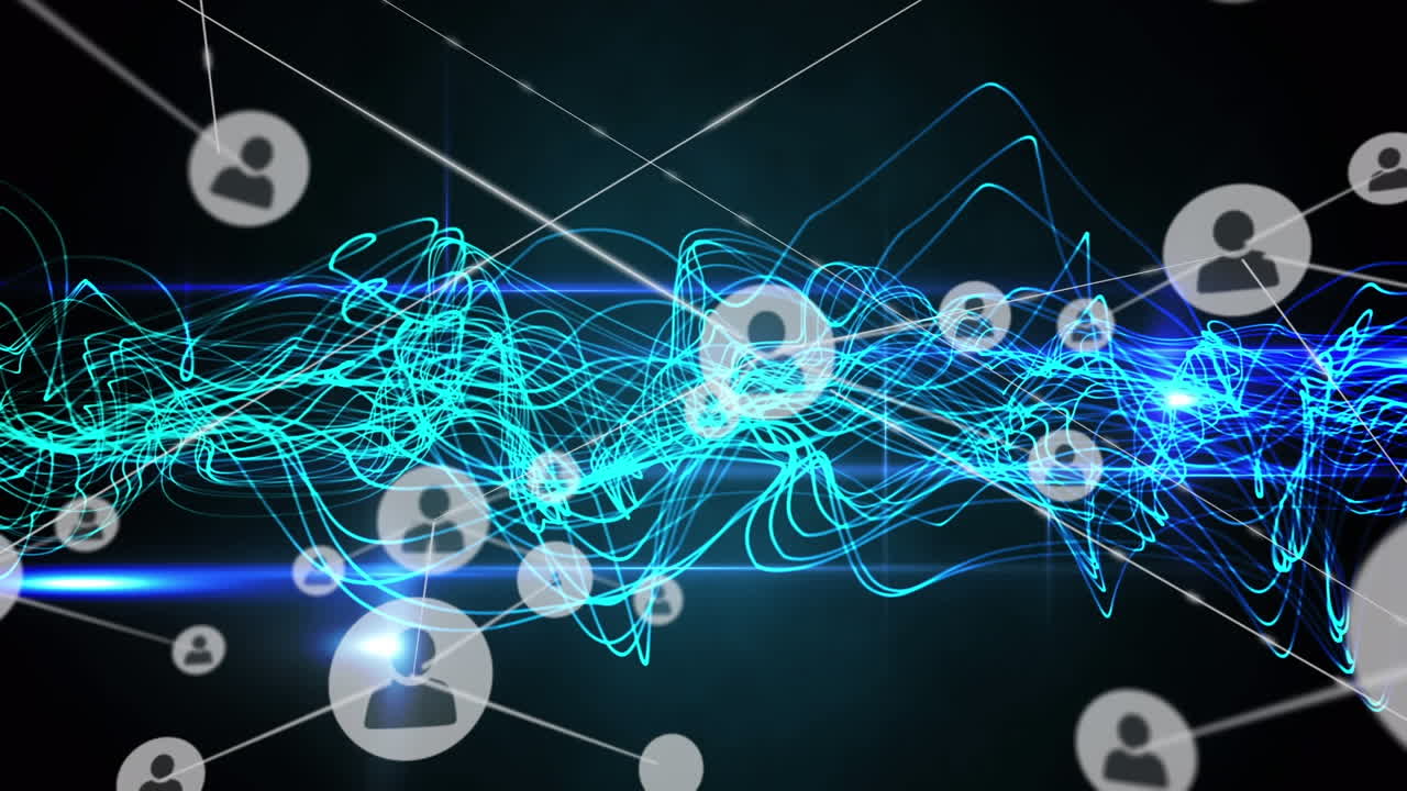 프로필 아이콘의 네트워크와 검은 바탕에 반 ⁇ 이는 파란색 파란색 빛의 트레일의 애니메이션